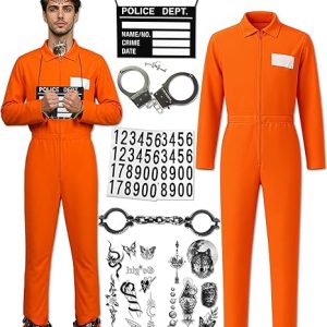 Prisoner Costume Men Orange Prisoner Jumpsuit Adult Jail Costume Halloween Cosplay Inmate Costume Set